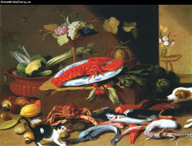 Jan Van Kessel Chien et chat devant un homard